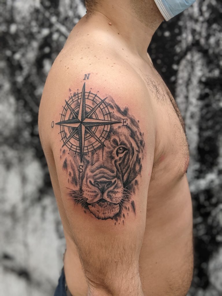 Lion with compass done by Viktor at Human Inkstinct in Bonn, Germany : r/ tattoos