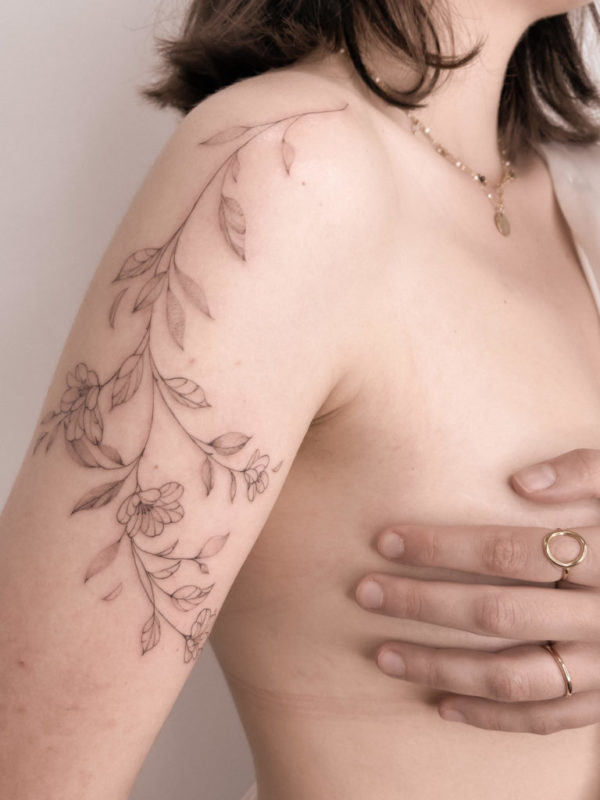 Tattoo uploaded by Dylan C • stunning fineline leaves under boobs tattoo  #Fineline #Floral • Tattoodo