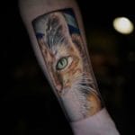 Un tatuaje detallado y realista de la cara de un gato con ojos verdes adorna el antebrazo de una persona. El fondo es oscuro, lo que resalta los detalles finos y la coloración del gato, centrándose especialmente en los intrincados patrones del pelaje y el llamativo color de los ojos: una verdadera obra maestra digna de la vibrante escena artística de Barcelona.